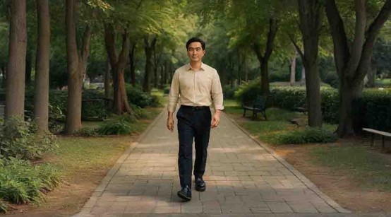 一名身穿襯衫與長褲的男子,面帶微笑在綠樹成蔭的公園石磚步道上正步向前走。